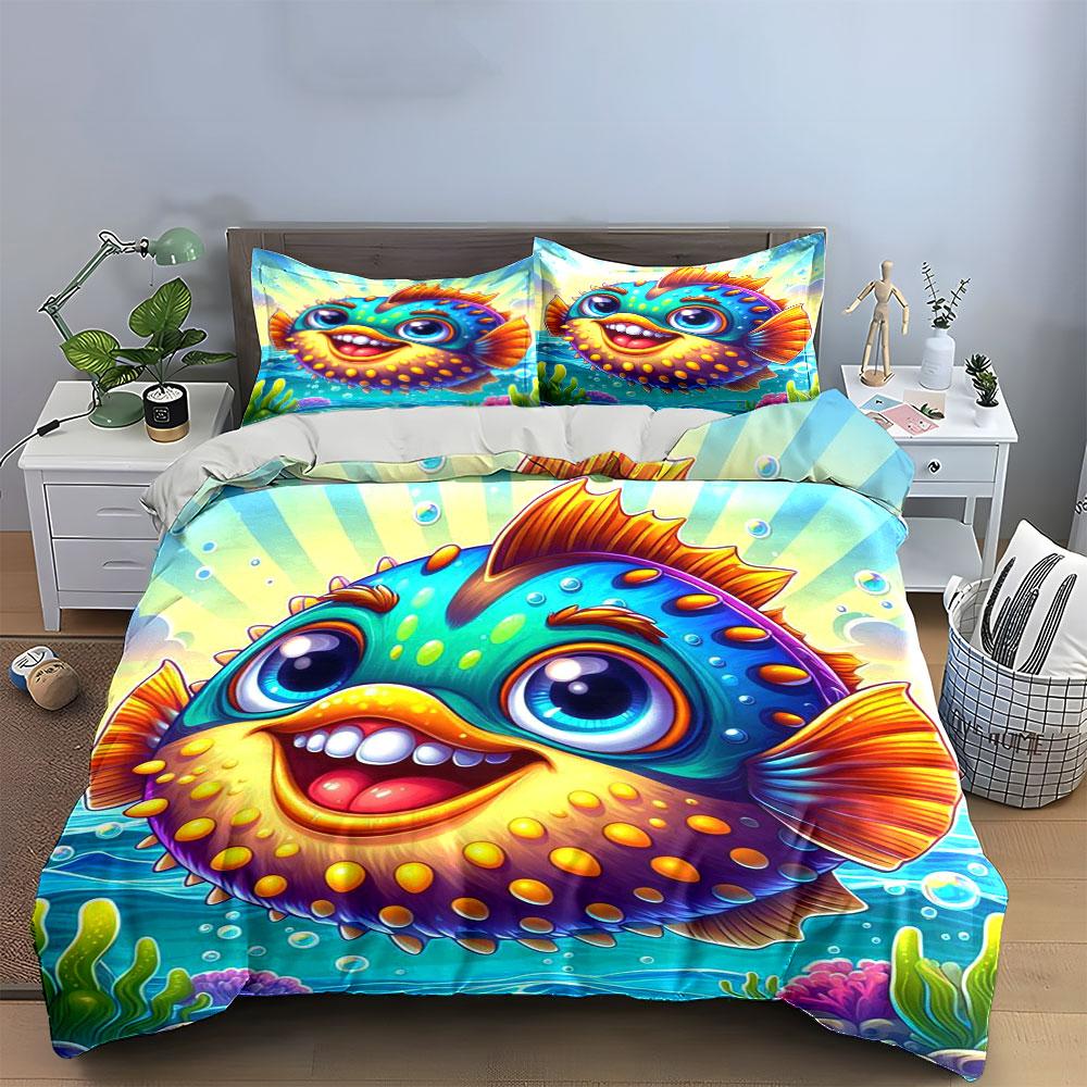 Smiling pufferfish with coral. Bedding sets Duvet cover sets Duvet covers Pillowcases(1*Duvet Cover 2*Pillowcases without duvet insert)