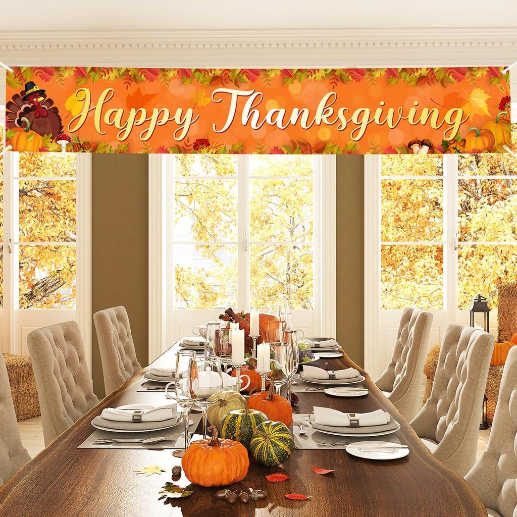 Large Thanksgiving Banner Decorations Outdoor 120x20 Inch,Turkey Maple Leaf Pumpkin Decorations Happy Thanksgiving Yard Banner for Indoor Home House