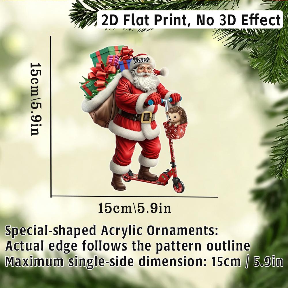 2D Flat‑Custom Name Irregular Acrylic Ornament,Santa Riding Scooter Pattern Xmas Tree Hanging Pendant Holiday Gift