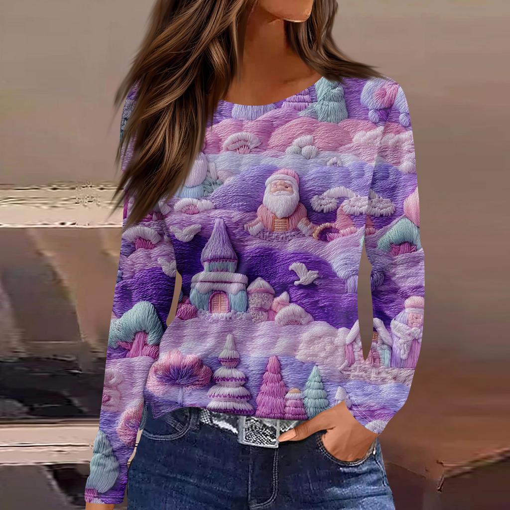Women's Fashion Hem Slit Casual Christmas Printed Round Neck Long Sleeve Top