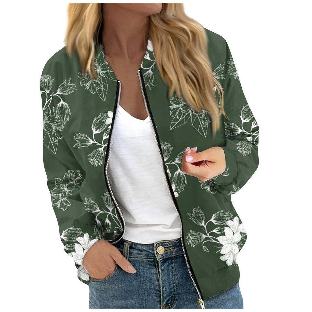 Women's Fashionable Casual Long Sleeve Floral/Leaf Print Round Neck Zipper Jacket