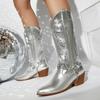 Plus Size 35-48 Retro Punk Embroidered Sewing Western Boots Women Pointy Toe Belt Buckle Metal Chain Chunky Heels Mid-calf Boots