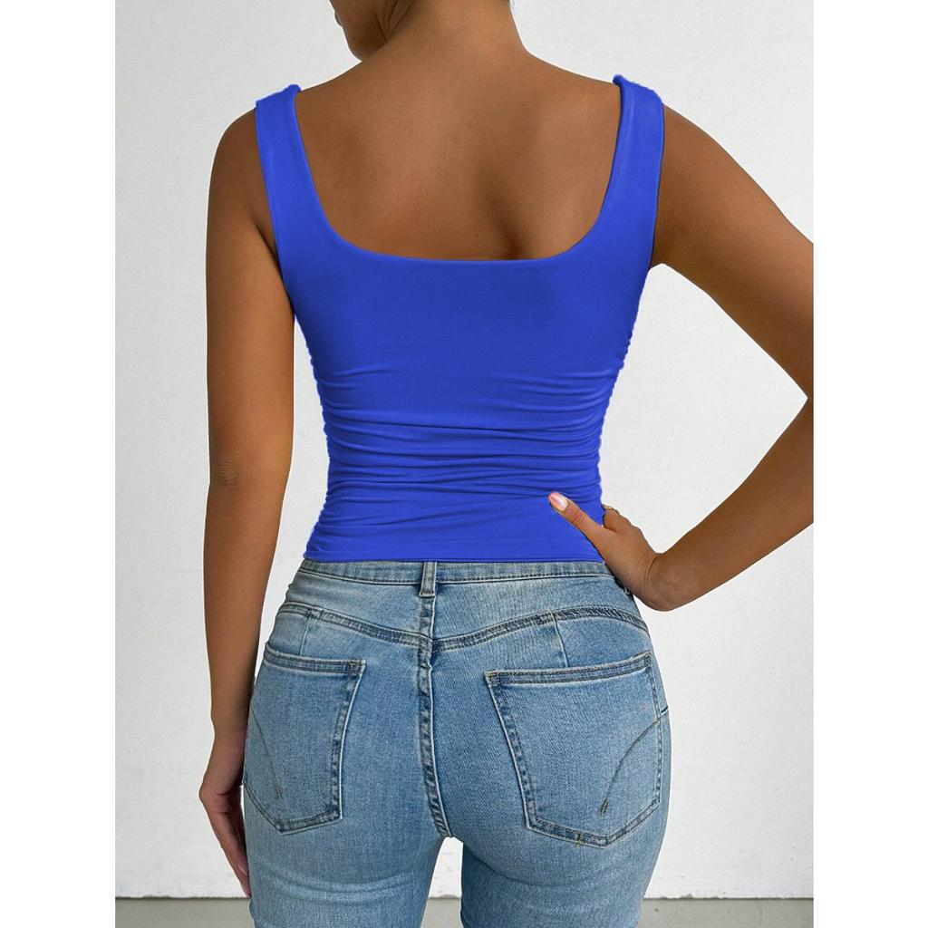 Women's Sleeveless Camisole Vest with Square Neckline, Casual Basic Style, Exposed Navel Top