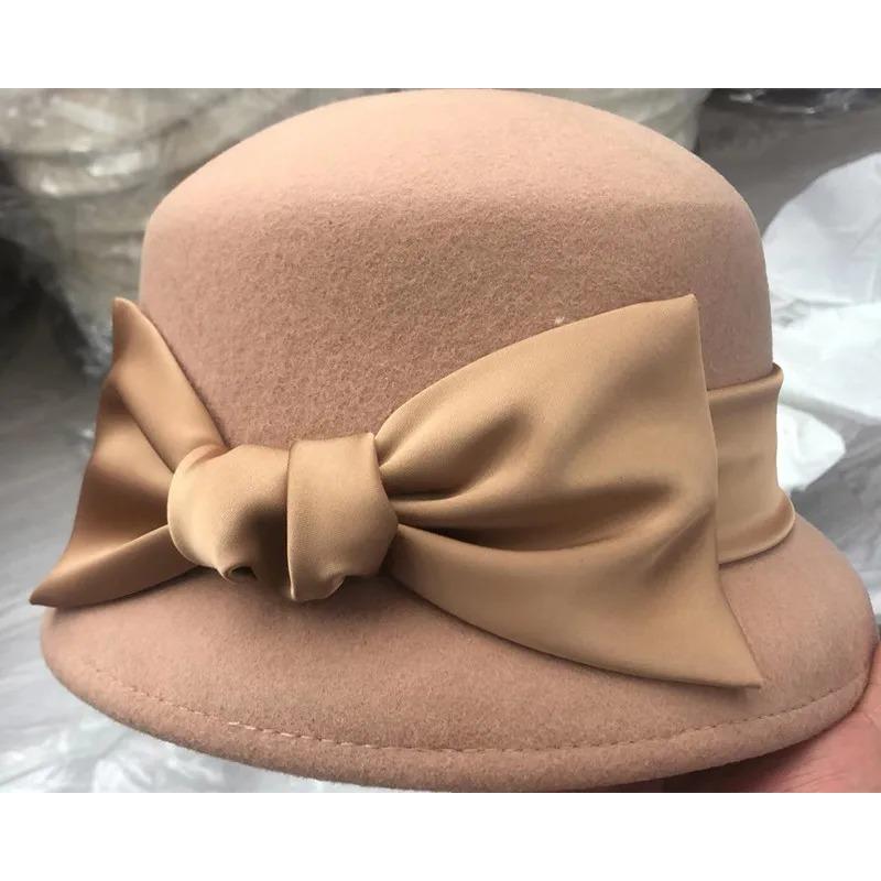 202308-2508937 Japan Ins Dropshipping Winter Wool Felt Hepburn Grace Bowknot Ribbon Lady Bucket Cap Women Leisure Fishermen Hat