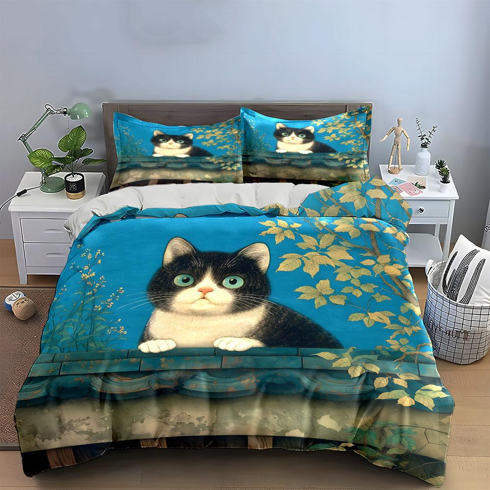 Curious cat amidst serenity. Bedding sets Duvet covers Pillowcases(1* Duvet Cover 2* Pillowcases without duvet insert)
