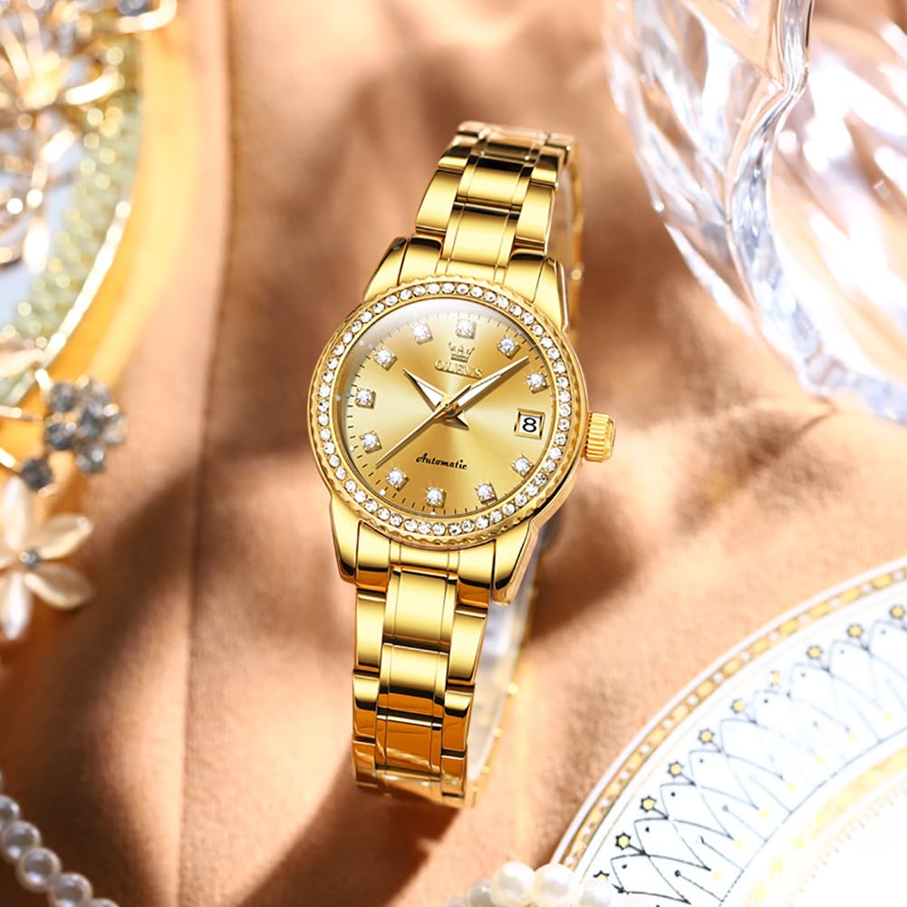 Женские часы OLEVS, механические, автоматические, симпатичные, наручные, женские часы, водонепроницаемые, светящиеся, бриллиантовые, сверкающие, женские часы с датой, женские часы, золото