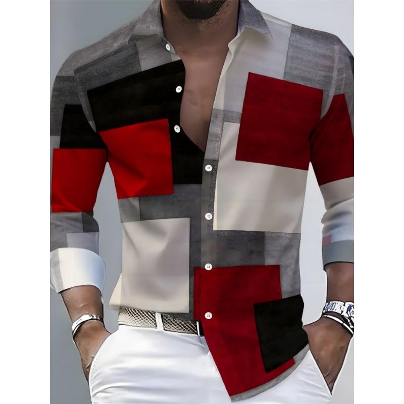 Мужская весенняя рубашка с длинным рукавом, геометрический color-block, 3D-печать, стильная новая повседневная свободная рубашка, мужской топ в уличном стиле для улицы