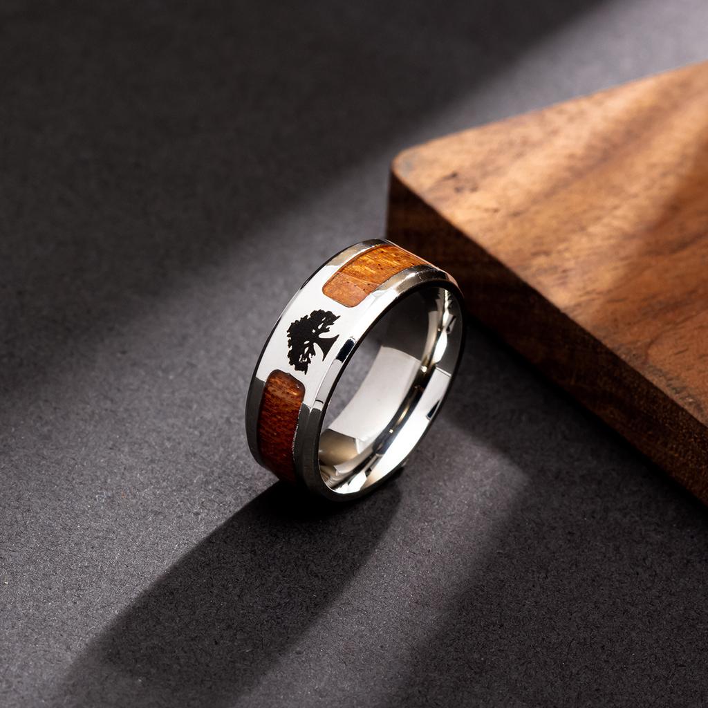 Jewelry Inlaid with Acacia Wood Grain Half Circle Tree of Life Ring Cross Ring