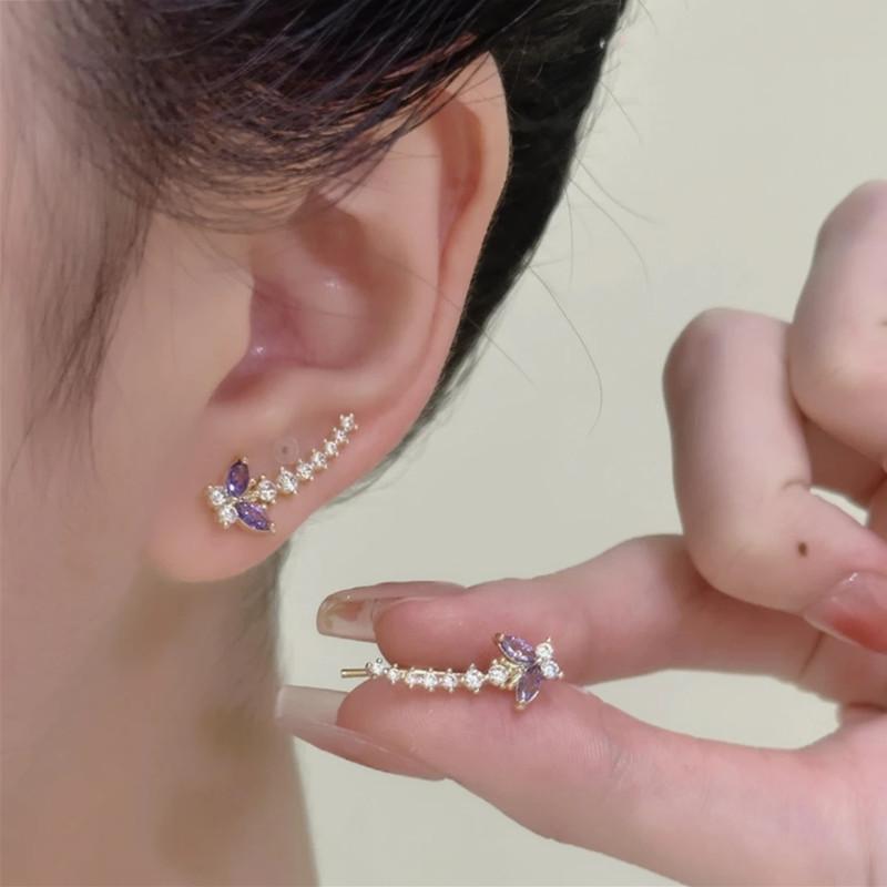 Super fairy purple zircon butterfly ear row earrings female, niche design sense exquisite versatile stud earrings Internet celebrity earrings