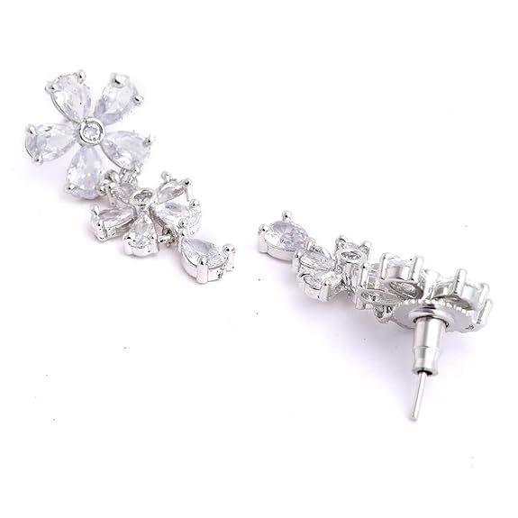 Rhodium Plated Silver Toned White American Diamond Studded Flower Shaped Jewellery Set For Girls and Women