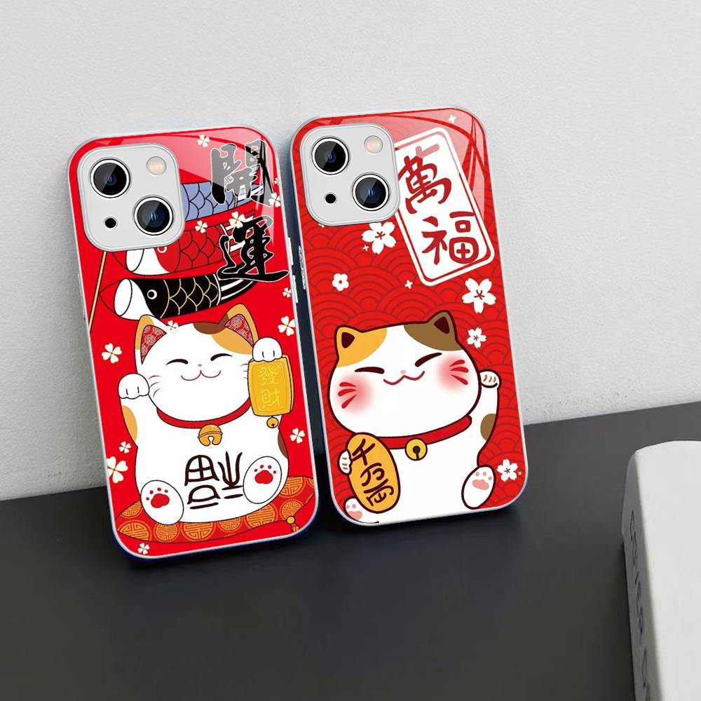 Счастливый кот Манэки-нэко Закаленное стекло Для Iphone 14 13 12 11 Pro Mini XS MAX 14Plus X XS XR Чехол