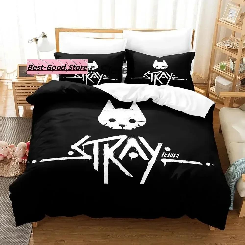 Постельное белье с принтом кота и Момо из игры Stray Game. Комплект постельного белья с наволочкой, пододеяльник. Мягкое. Размер: односпальное, двуспальное, Queen, Super King