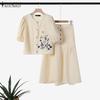 Women Summer Round Neck Bubble Short Sleeve Floral Print Shirt Pocket A-Line Skirt Sets