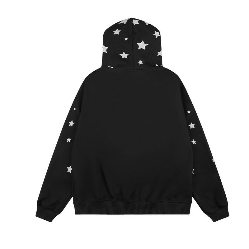 Unisex Vintage American Retro Star Hooded Zip-Up Sweatshirt With Faux Fur Trim Loose Fit