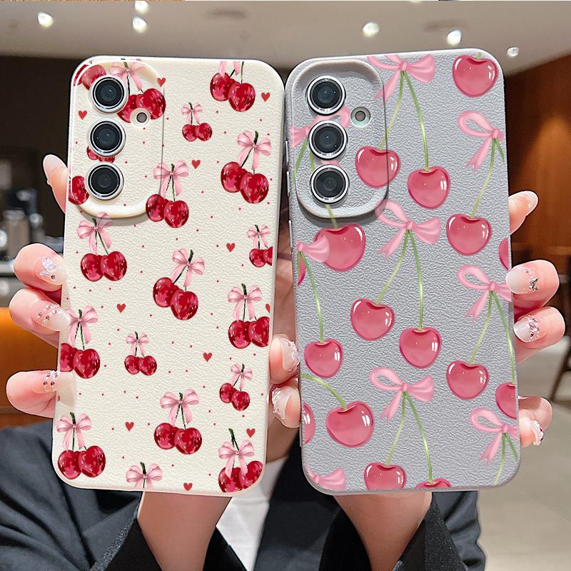Чехол с принтом «Вишневые банты» для Samsung S26 Ultra S25 A18 S24 S23 S22 S21 FE A15 A16 A17 A35 A36 A37 A54 A55 A56 A57 Силиконовый чехол с текстурой кожи