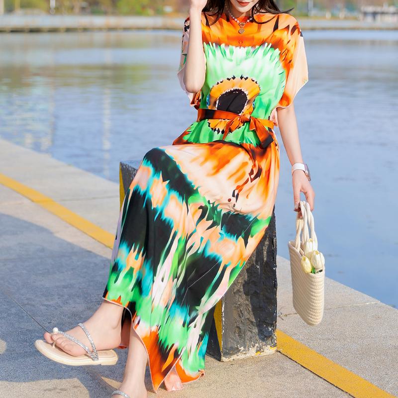 Элегантное летнее повседневное платье для женщин Винтажная одежда Короткий рукав Свободное длинное платье