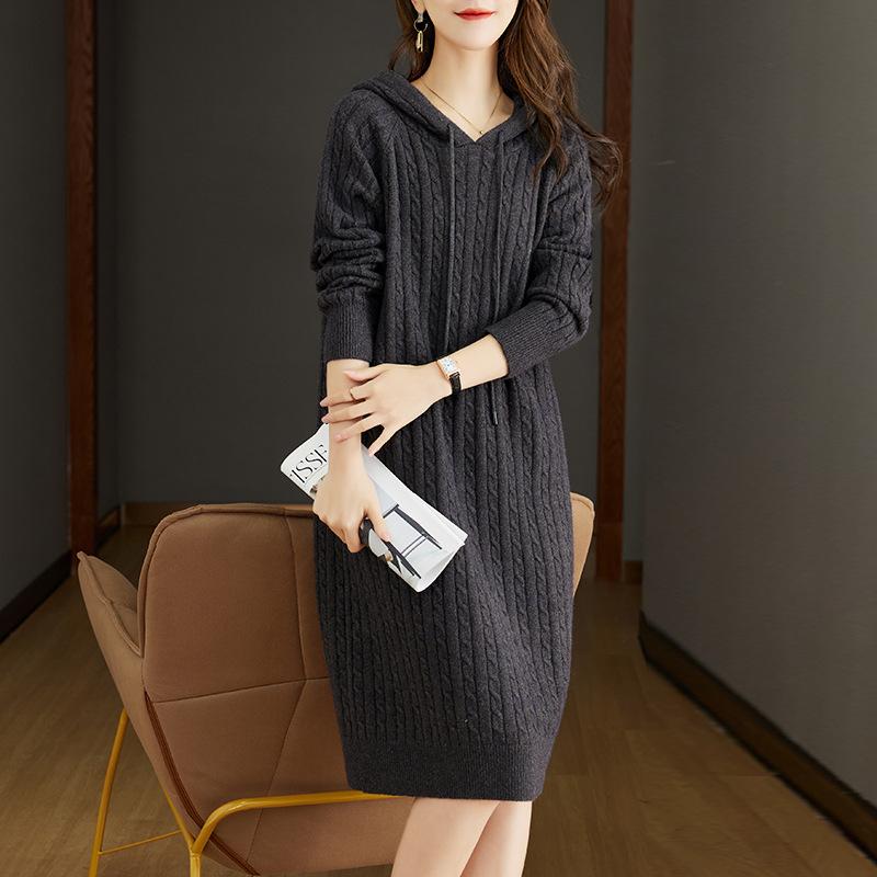 Осень и зима новый повседневный худи средней длины платье женская мода вязаный большой размер свободный пуловер свитер женский