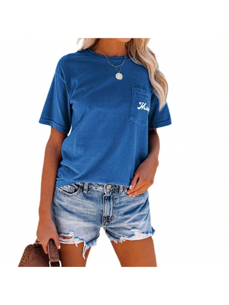 Women's Letter Print Crew Neck T-Shirt Short Sleeve Loose Basic Tee with Pocket