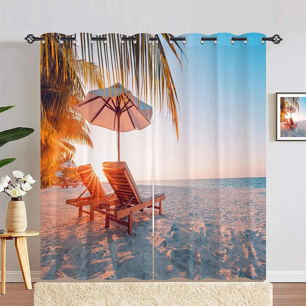 Nature Landscape Scenery Curtains for Bedroom, Window Panels with Garden, Pink White Flowers, Waterfall Lake Scene Print Pattern