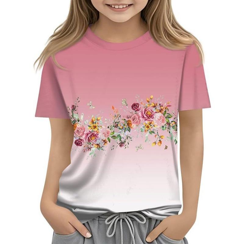 Детская футболка с 3D-принтом, новая повседневная универсальная детская одежда с цветочным 3D-принтом, футболка с короткими рукавами и круглым вырезом
