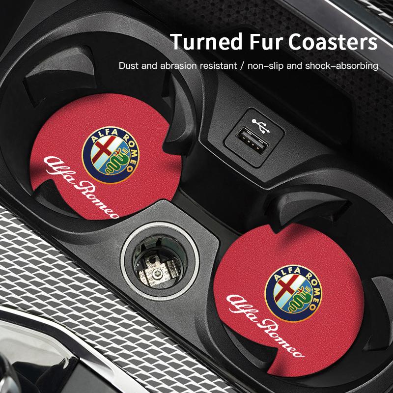 2Pcs Car Coasters Leather Water Cup Holder Mat For Alfa Romeo 4C 159 Spider Car Interior Anti Slip Water Cup Pad Tire Valve Caps wzvc44