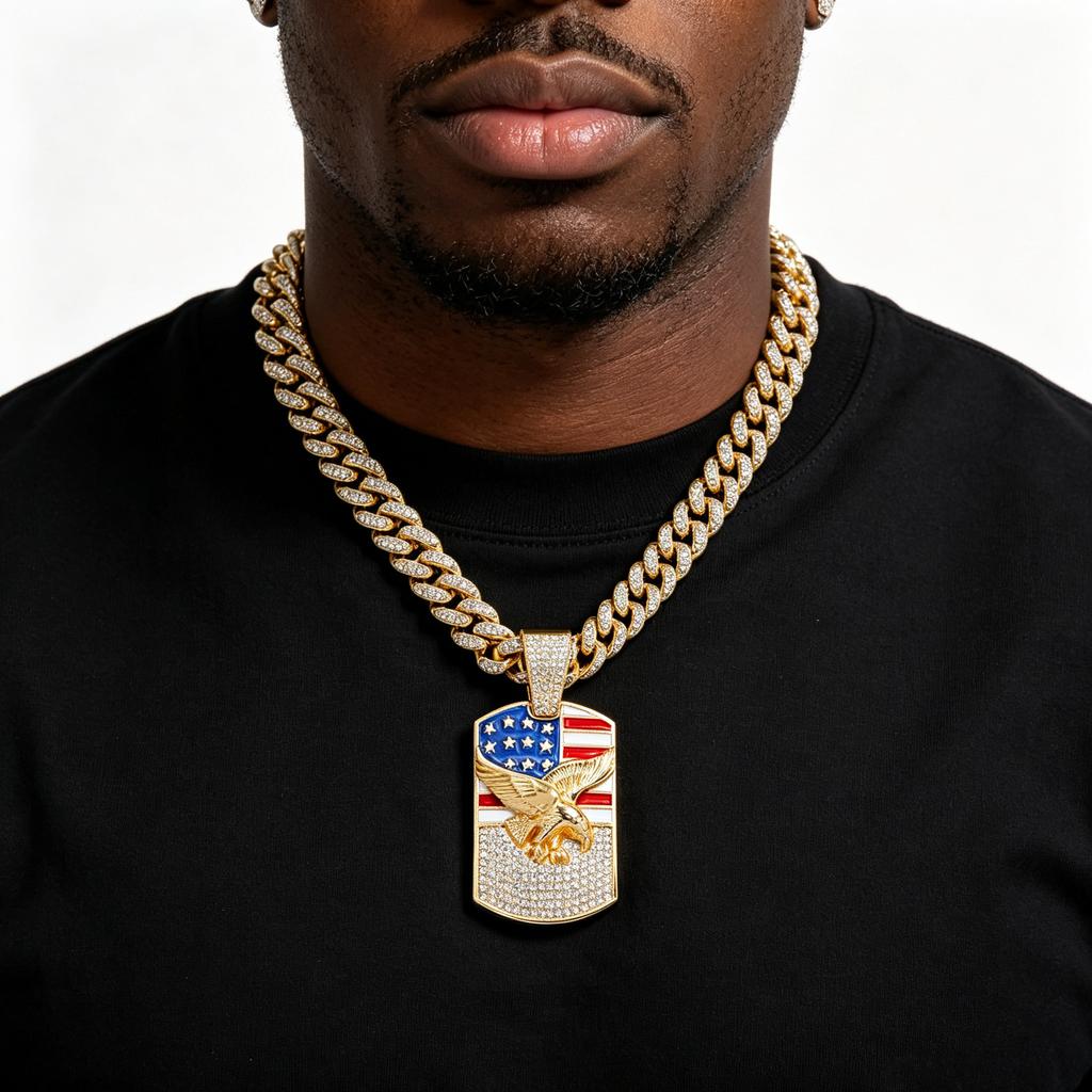 Iced Out American Flag Eagle Charm Pendant Necklace Crystal Cuban Chain Ideal Gift for Culture Lovers
