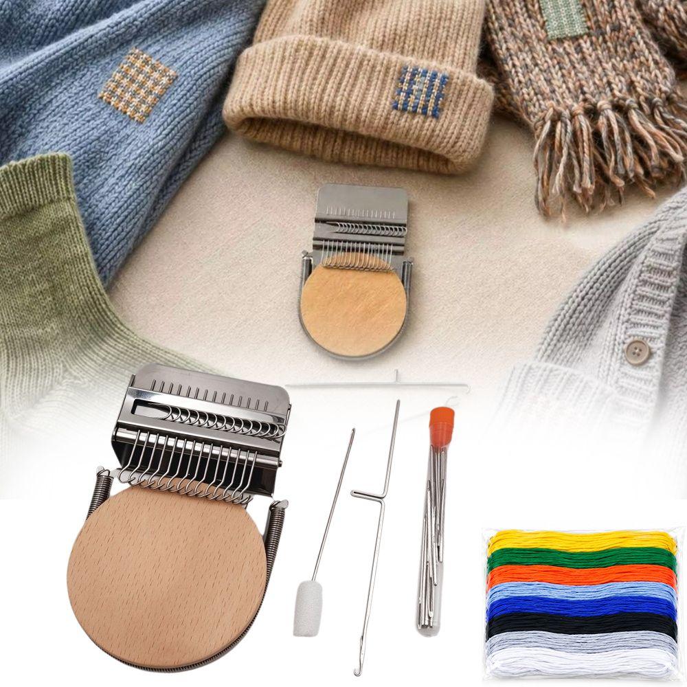 Wooden Base Mini Darning Loom Metal Needle DIY Weaving Tool Weaving Loom Kit for Clothes Repair