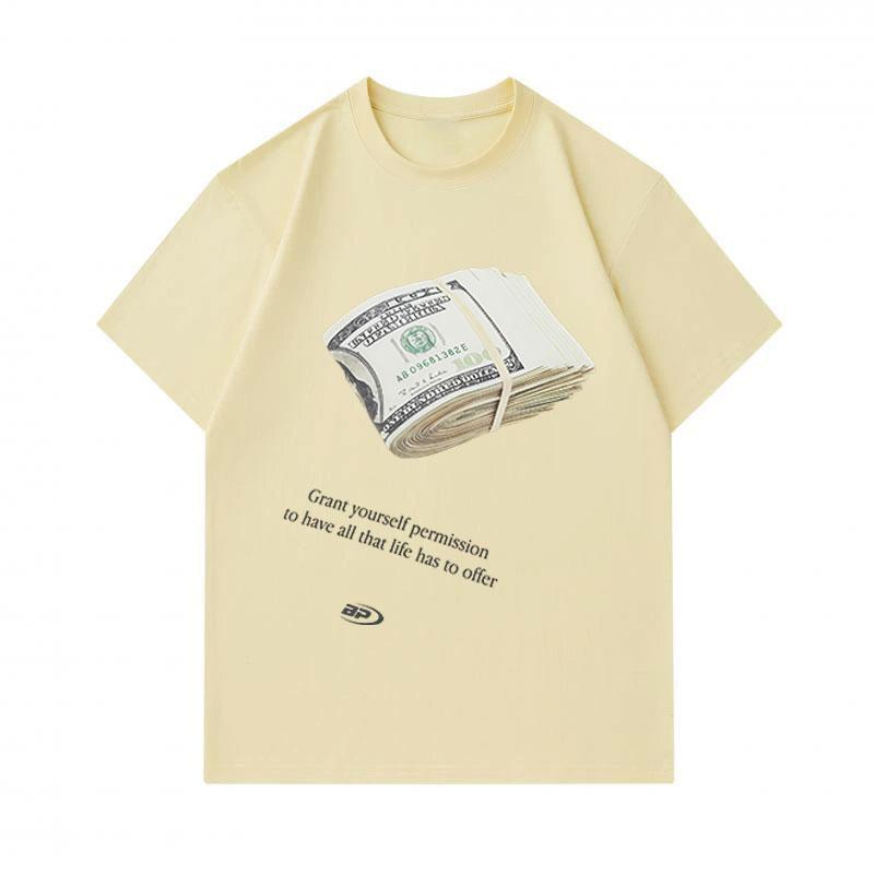 100% Cotton Men's Crew Neck Short Sleeve T-Shirt, Stacked Dollars Pattern Print, Grant Yourself Permission Graphic Casual Comfortable Tee for Daily We