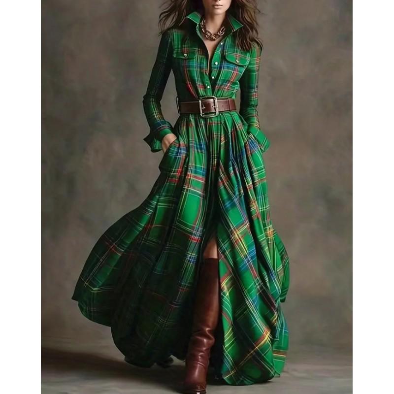 Plus Size Womens French Vintage Plaid Wrap Asymmetrical Midi Dress With Belt Long Sleeve A-Line Skirt Casual
