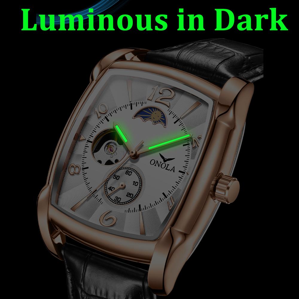 Luxury Fashion Mens Watches Luminous Square Mechanical Wristwatch Hollow Skeleton Business Waterproof Male Automatic Watch Men