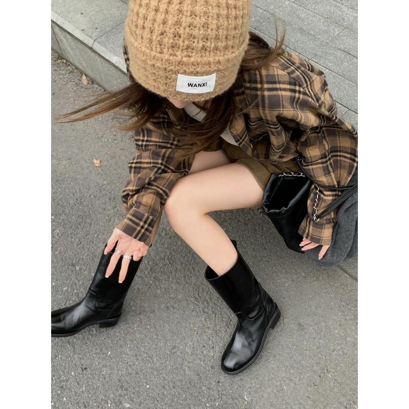 Ретро черные ботинки осенние тонкие новые с широким голенищем средней длины сапоги-сигареты с юбкой рыцарские короткие ботинки