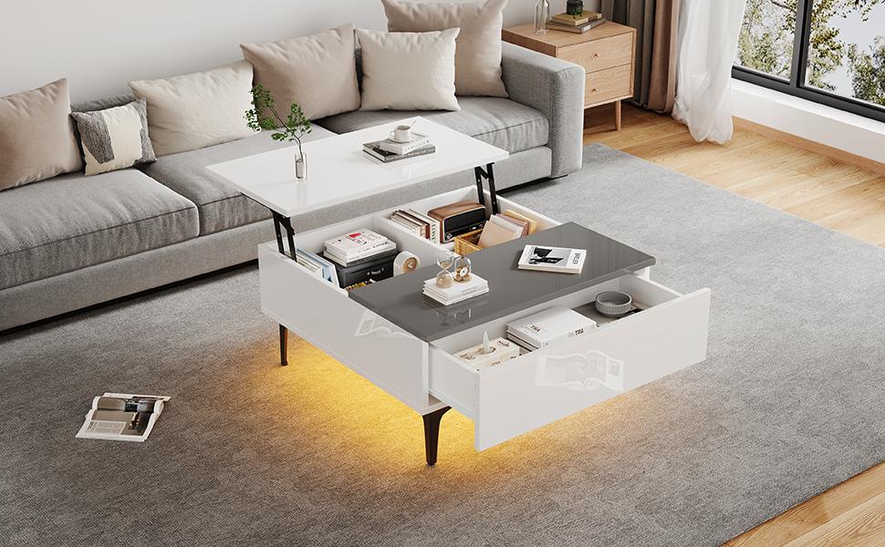 70*70*35cm Height-Adjustable Coffee Table with Hidden Storage, White High-Gloss Living Room Table, Desk with LED, Sofa Table with Drawers