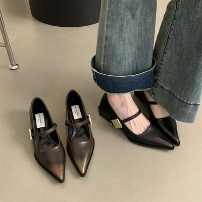 Туфли-лодочки с острым носом и неглубоким вырезом, женские, на среднем каблуке, новые весенне-осенние 2025 года, с французским темпераментом, на толстом каблуке, туфли Мэри Джейн, ретро сма