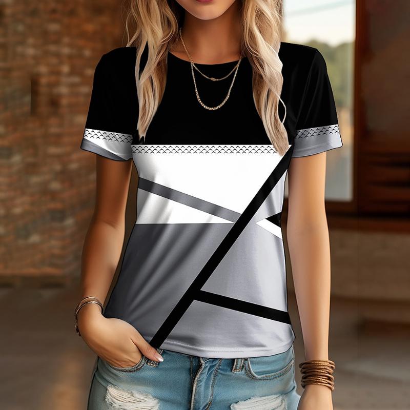 Women's T-Shirt 3d Stripe Line Printed T Shirt For Women Funny O Neck Short Sleeve Pullover Geometry Pattern Female Clothing