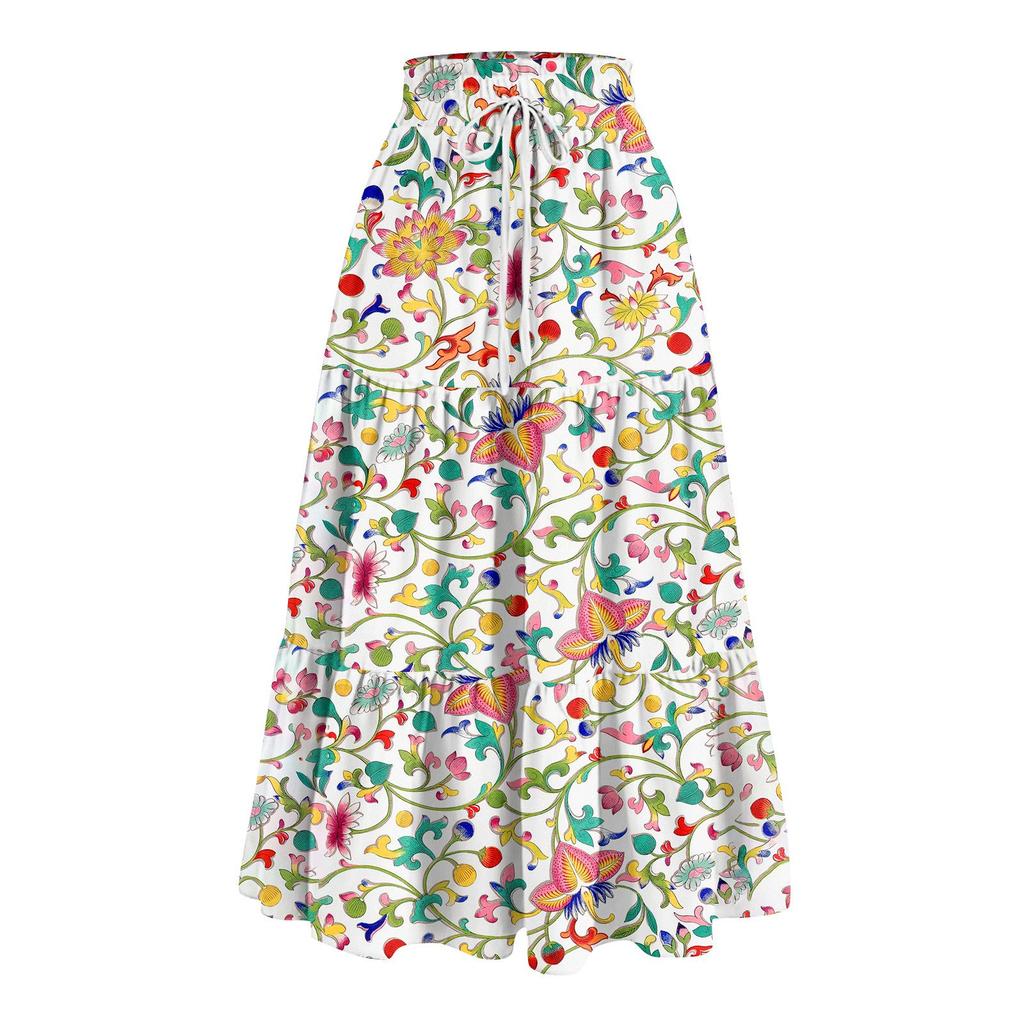 Women's Ruffled Spring Casual Long Skirt Plain Color Skirt Retro Pleated Skirt