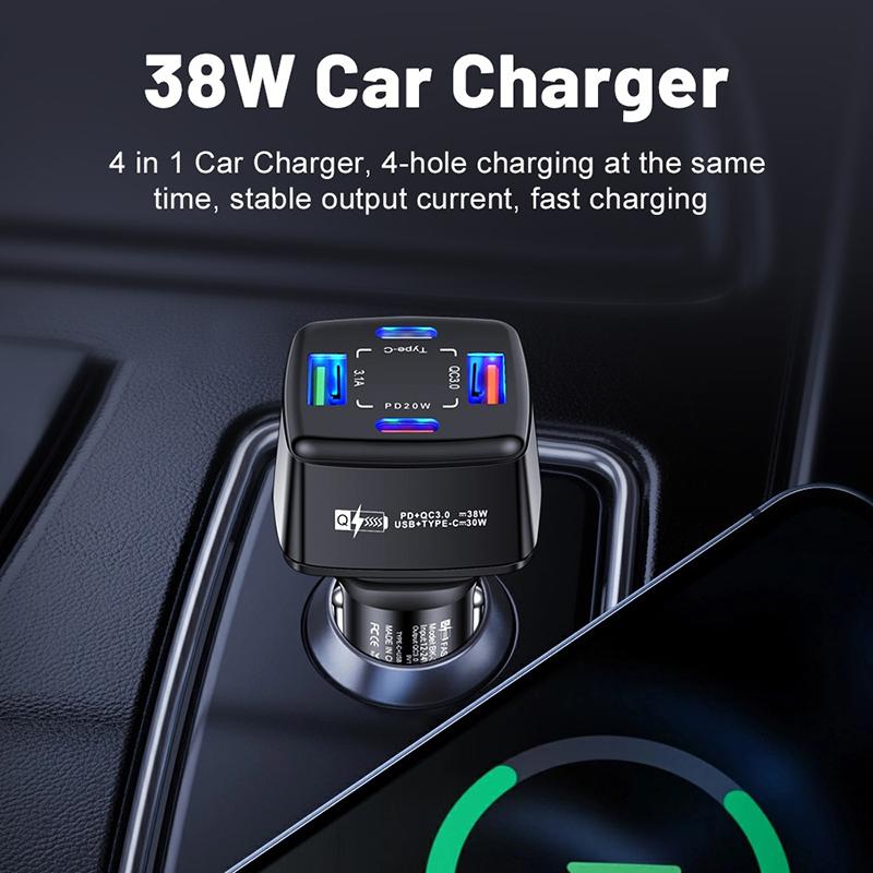 Автомобильное зарядное устройство 38 Вт, 2 USB, 1 PD Type-C, быстрая зарядка 3,1 А, зарядка телефона, адаптер Quick Charger QC 3.0 для iPhone 16 15, ноутбуков, планшетов