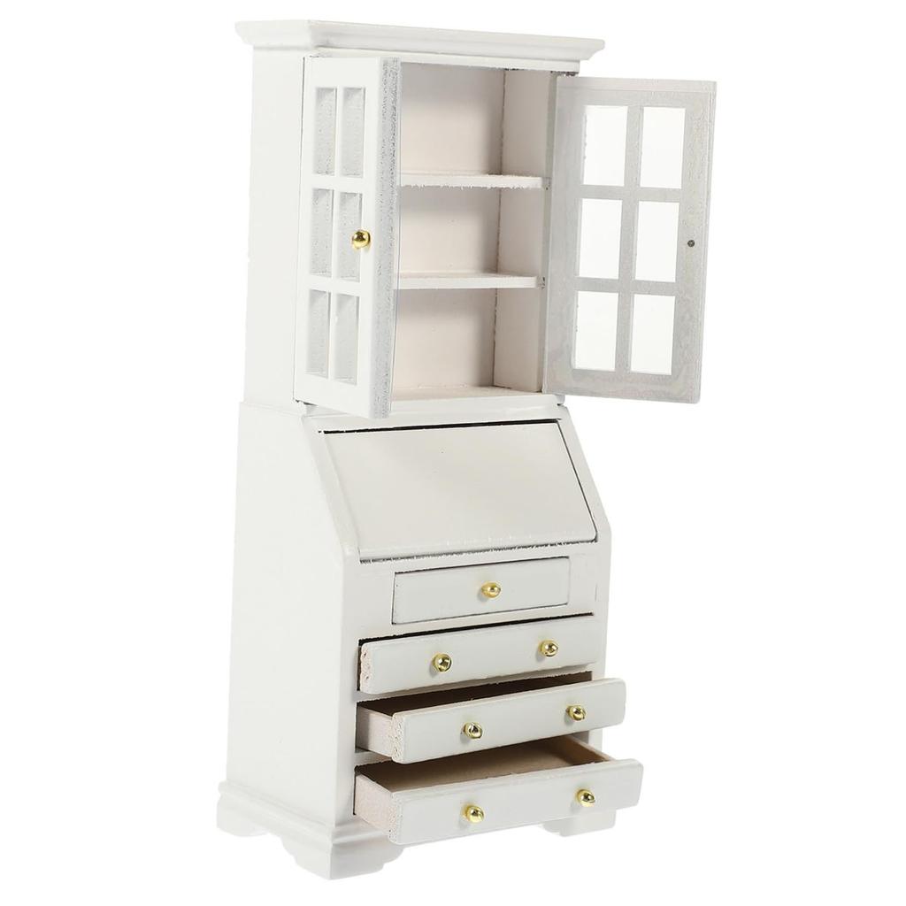 1/12 Miniature Bookshelf Wood Cabinet Dollhouse Furniture With Functional Storage Drawer For Small Books Scene Decors