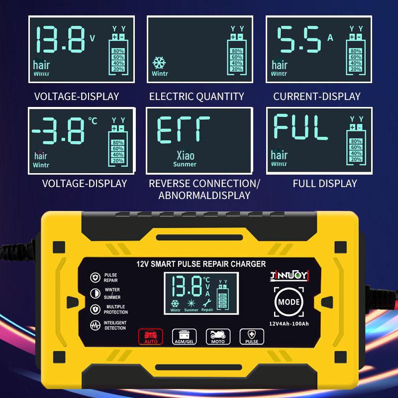 12 В интеллектуальное зарядное устройство для аккумуляторов автомобилей и мотоциклов с функцией импульсного ремонта