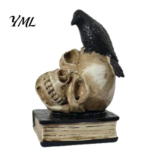 Spooky Gothic Home Decor Accessories Halloween Skull Head Statue, Crow And Book Sculpture, Table Centerpiece Resin Statue for Party Realistic