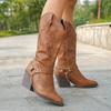 Весна 2025 Ретро Ковбойские Сапоги Женские До середины икры Вестерн Сапоги Женские Искусственная кожа Рыцарские Ботильоны Большой размер Острый носок Водонепроницаемые Сапоги