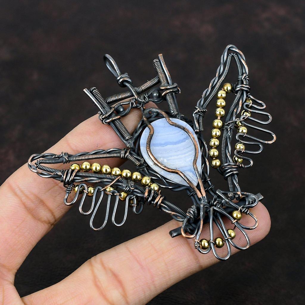 Подвеска из голубого кружевного агата, подвеска из драгоценного камня, подвеска из медной проволоки, подвеска ручной работы в виде совы, медное ювелирное украшение в подарок для нее, подвеска последнего дизайна