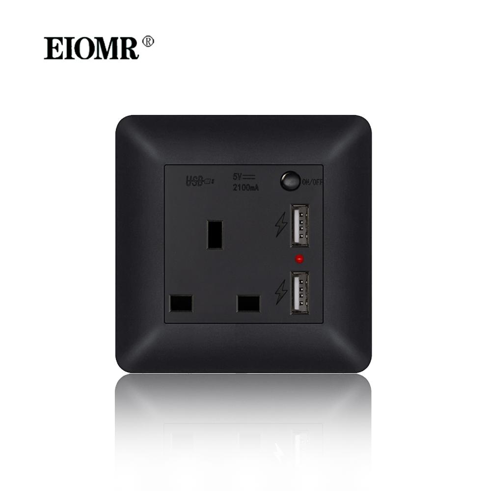 EIOMR 13A UK Standard Plug Power Wall Socket and Switch 250V, with USB Type-C Charger Port 5V 2.1A, Black PC Curved Frame Panel
