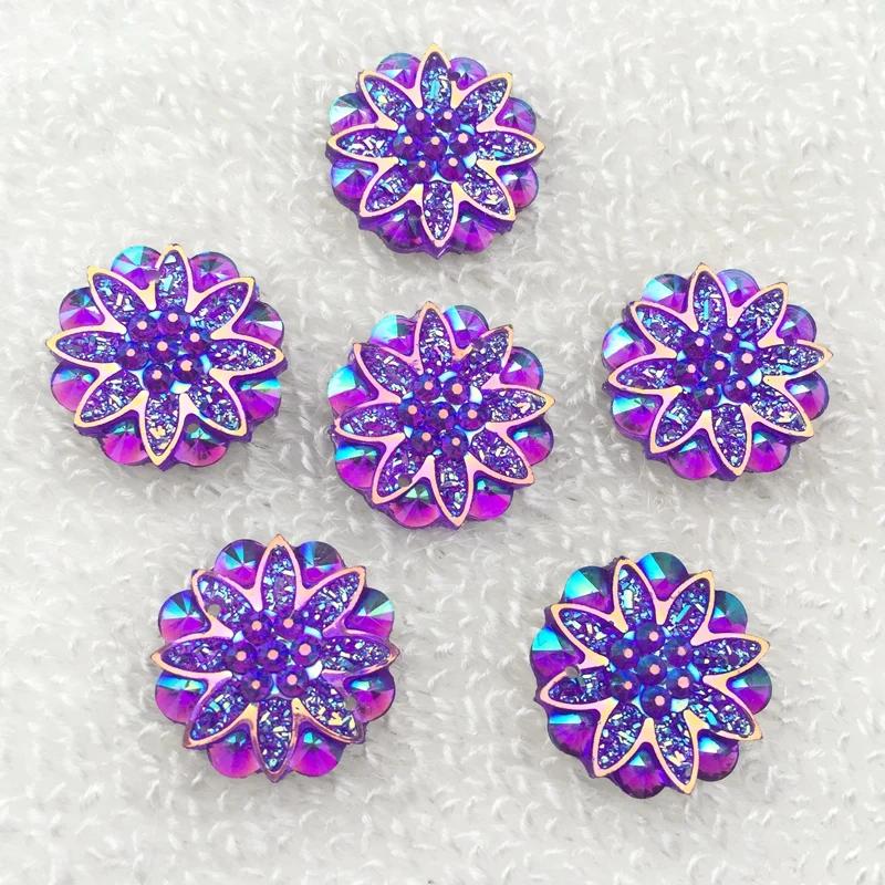 20pcs 18mm Round Flower AB Resin Crystal Strass Applique and 2 Holes Buttons for Diy Clothing - HA27