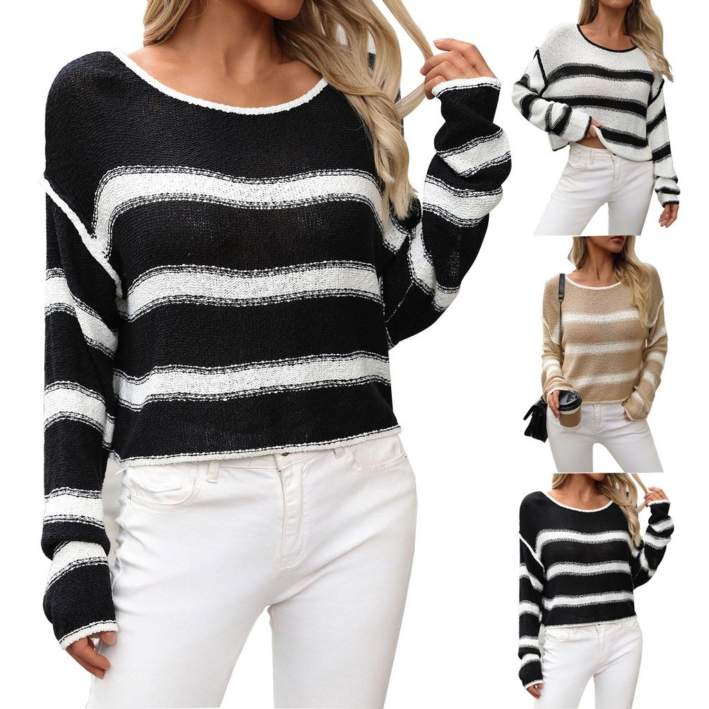 Женский вязаный свитер с круглым вырезом в тон, полосатый свободный пуловер большого размера, женский свитер
