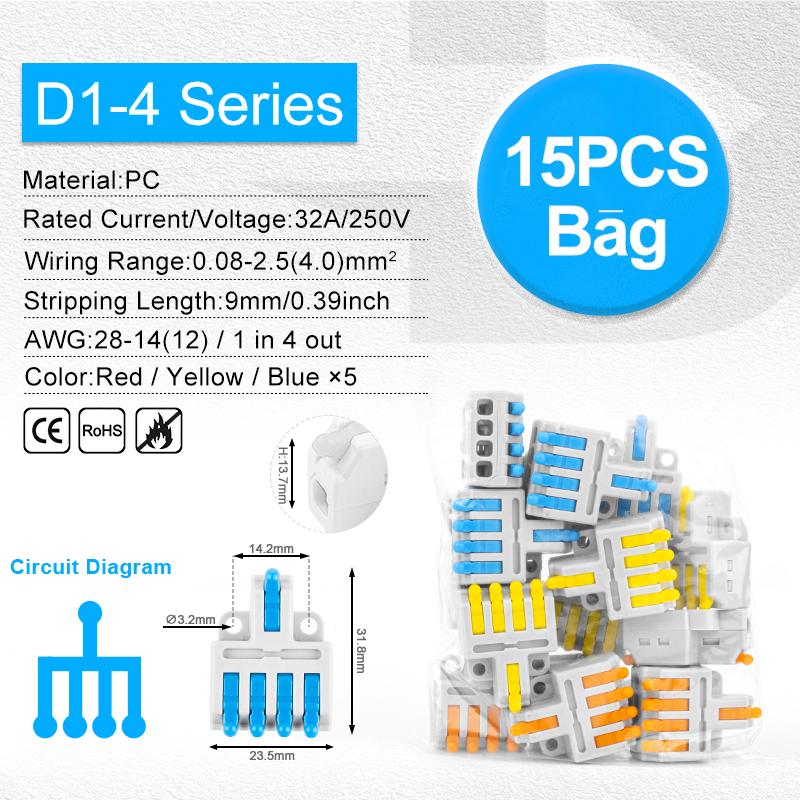 Рычажные быстрые мини-соединители для проводов 1 вход - несколько выходов Компактные соединители для сращивания проводов Подключение для вставных домашних клеммных блоков 32А