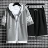 Summer Hooded Short-sleeved Men's Shirt Loose Plus Size + Shorts Sports and Leisure Two-piece Set
