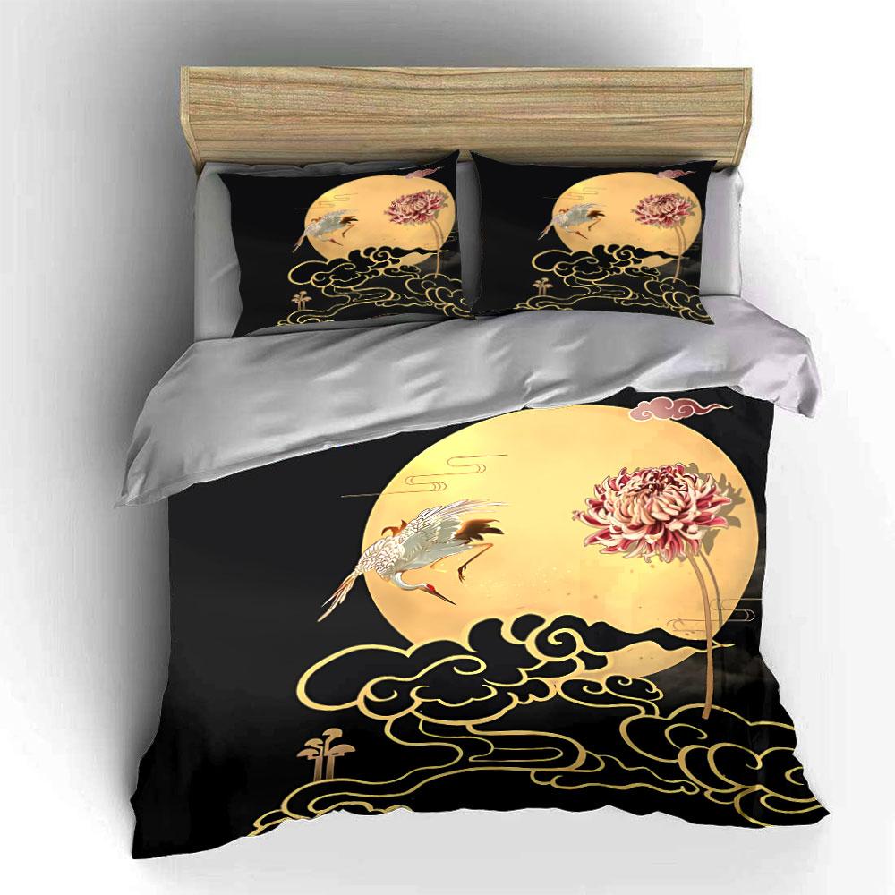 Golden Moon Crane Decor Set Bedding Set with 1 Duvet Cover 2 Pillowcases Single Double King Queen, Gift