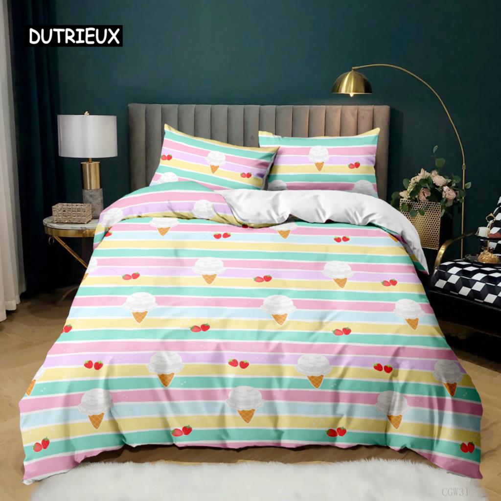 Ice Cream Duvet Cover Collection Colorful Ice Cream Sweet Style Bedding Collection For Kids Girl Microfiber Summer Queen King Size Quilt Cover