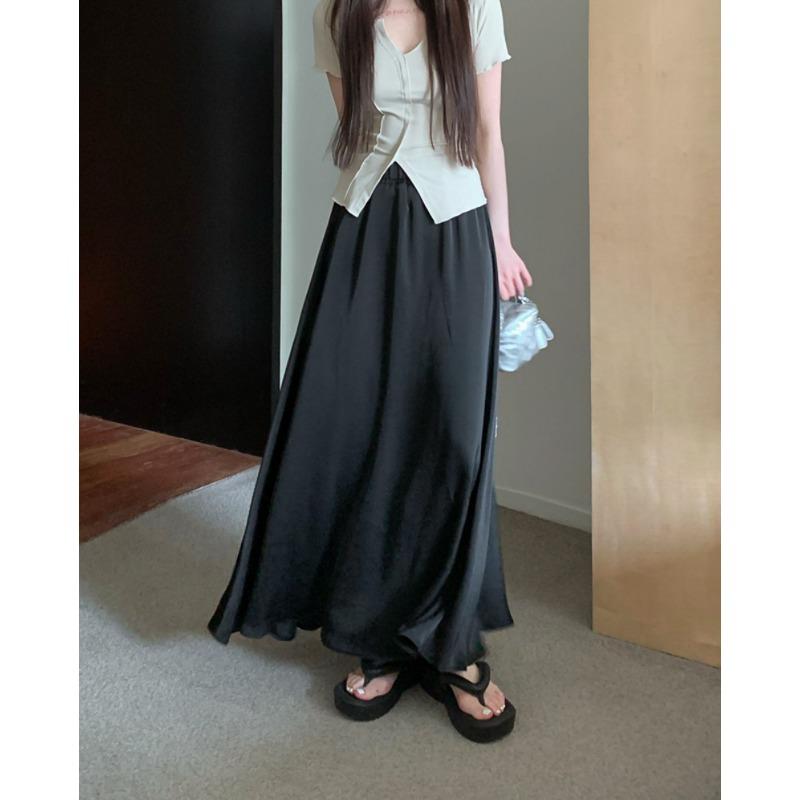 DX~~ Простой темперамент весной и летом, атласная юбка с драпировкой, высокая талия и узкая юбка.