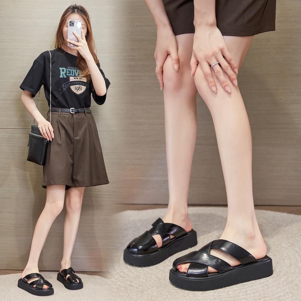 Summer New Bag Head Slippers Women's Outer Wear Woven Hollow Thick Bottom Heightening Casual Versatile Leather Cool Slippers